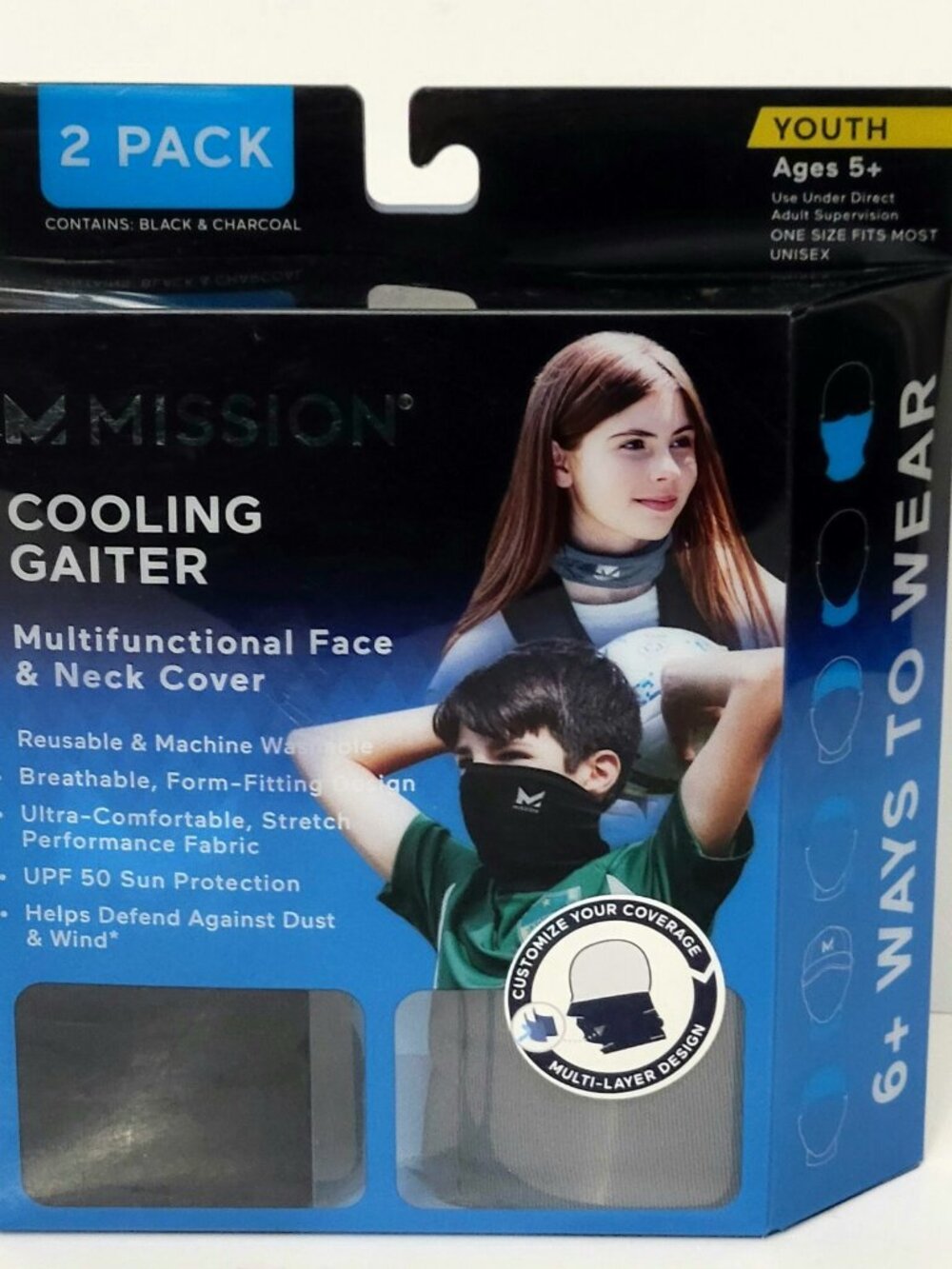 Mission Youth One Size Multifunctional Face Neck Cover Cooling Gaiter 2 Pack